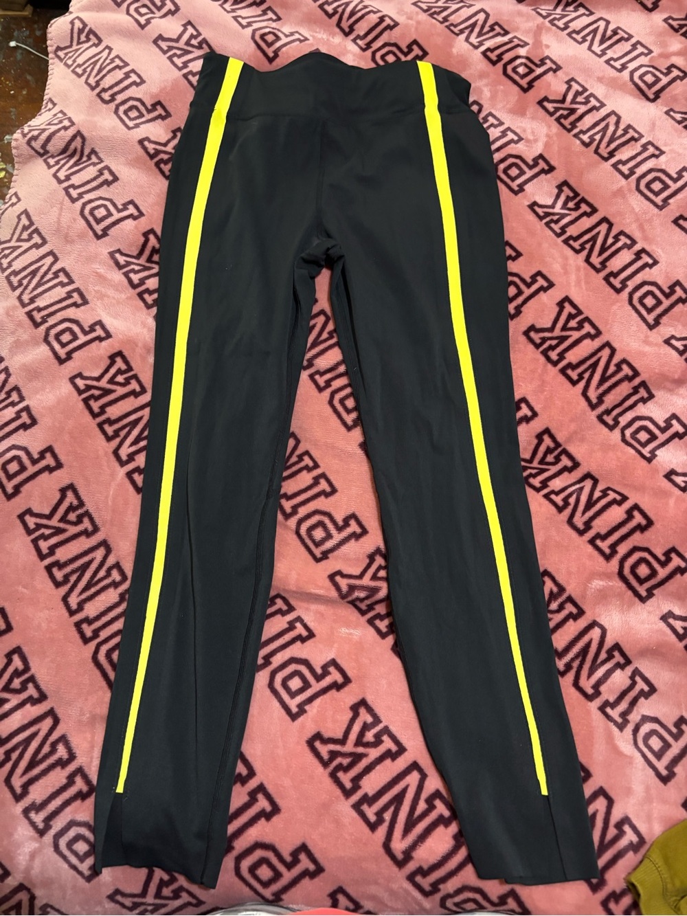 PINK High-Rise Black Leggings with Neon Yellow Side Stripes